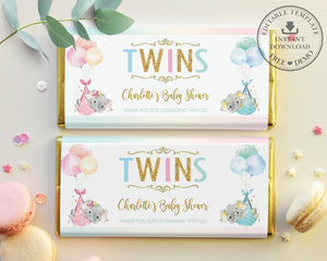 Twin Boy Girl Elephant Baby Shower Personalized Chocolate Bar Wrapper Editable Template - Digital Printable File - EP3