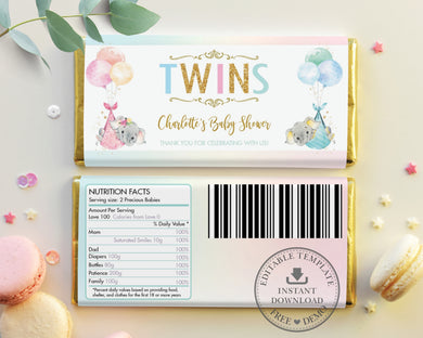 Twin Boy Girl Elephant Baby Shower Personalized Chocolate Bar Wrapper Editable Template - Digital Printable File - EP3