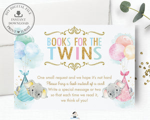 Whimsical Twin Girl Boy Elephant Bring a Book Instead of a Card Insert - Digital Printable File - Instant Download -EP3