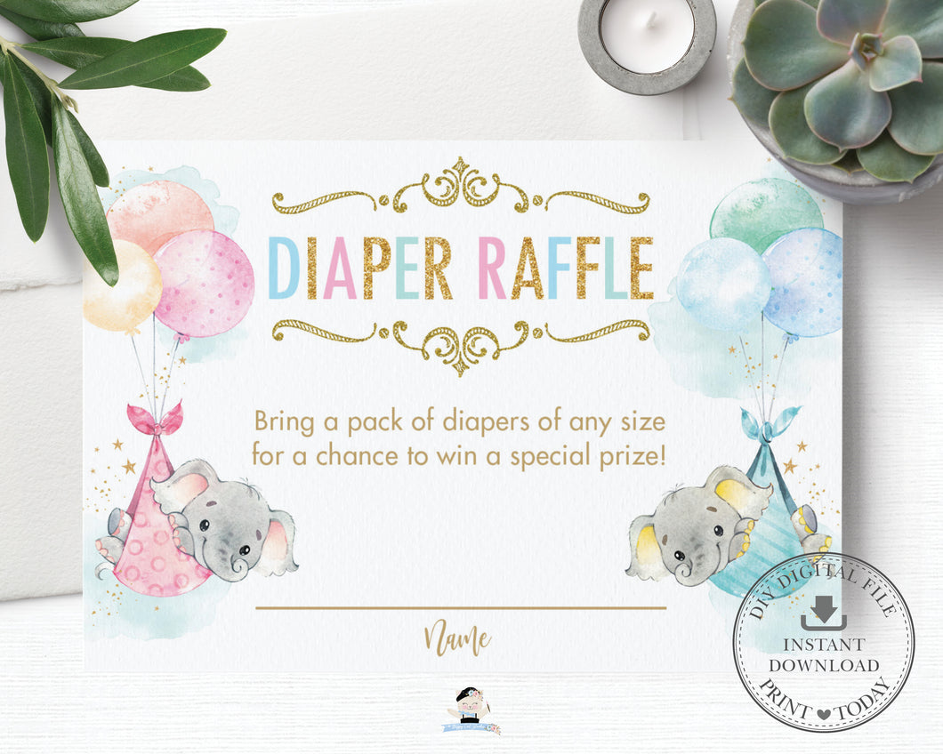 Whimsical Twin Girl Boy Elephant Diaper Raffle Ticket Insert Card - Digital Printable File - Instant Download -EP3