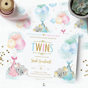 Whimsical Twin Boy Girl Elephant Baby Shower Personalized Invitation Editable Template - Digital Printable File - EP3