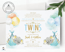 Load image into Gallery viewer, Elephant Baby Shower by Mail Invitation Twins Baby Boys Long Distance Virtual Shower - Editable Template - Instant Download - EP3