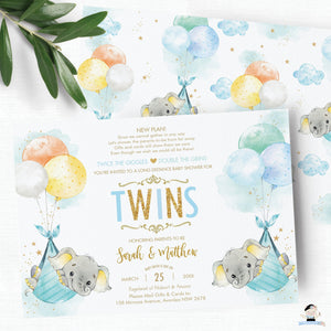 Elephant Baby Shower by Mail Invitation Twins Baby Boys Long Distance Virtual Shower - Editable Template - Instant Download - EP3