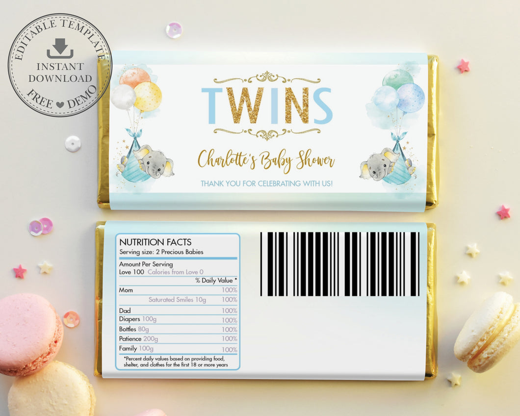 Twin Boys Elephant Baby Shower Personalized Chocolate Bar Wrapper Editable Template - Digital Printable File - EP3