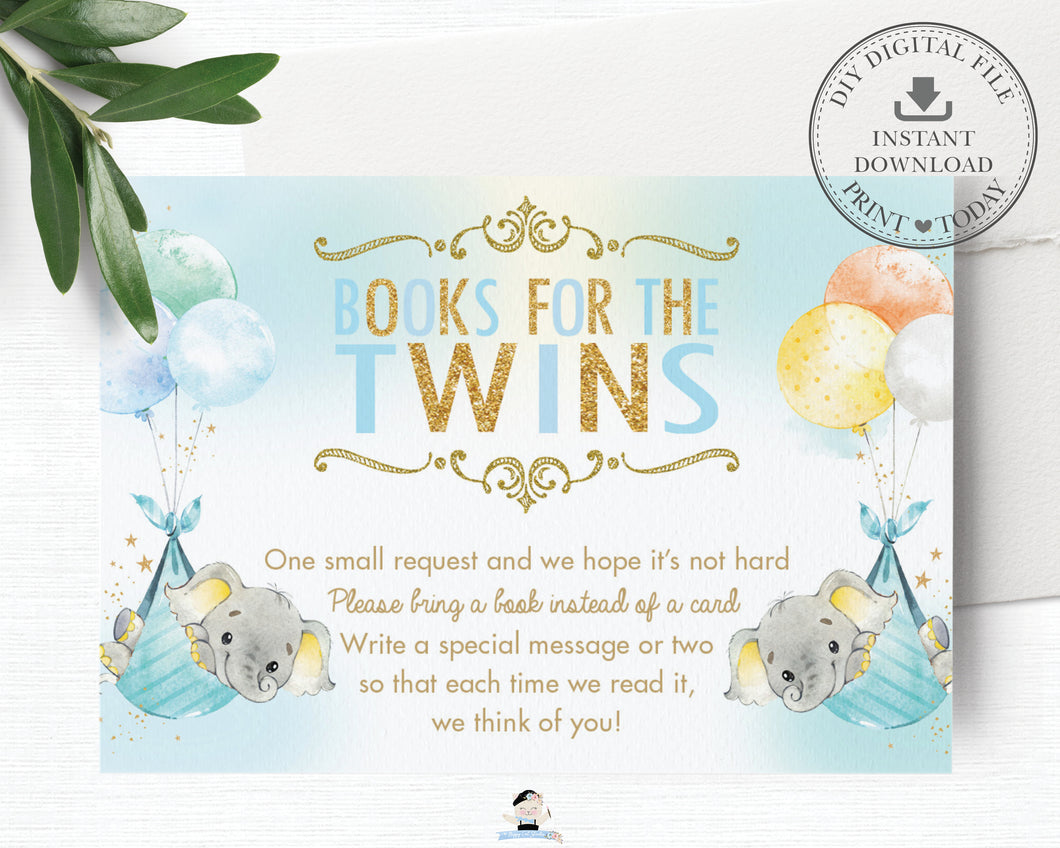 Whimsical Twin Boys Elephant Bring a Book Instead of a Card Insert - Digital Printable File - Instant Download -EP3