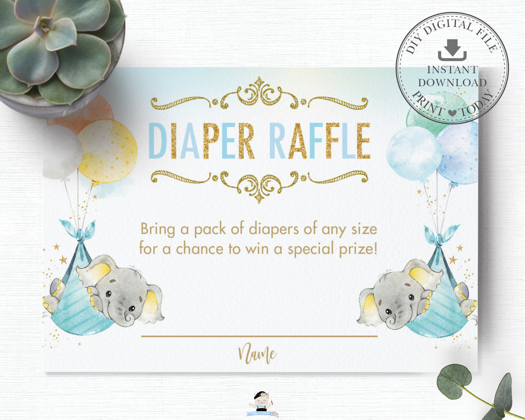 Whimsical Twin Boys Elephant Diaper Raffle Ticket Insert Card - Digital Printable File - Instant Download -EP3
