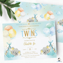 Load image into Gallery viewer, Whimsical Twin Boys Elephant Baby Shower Personalized Invitation Editable Template - Digital Printable File - EP3