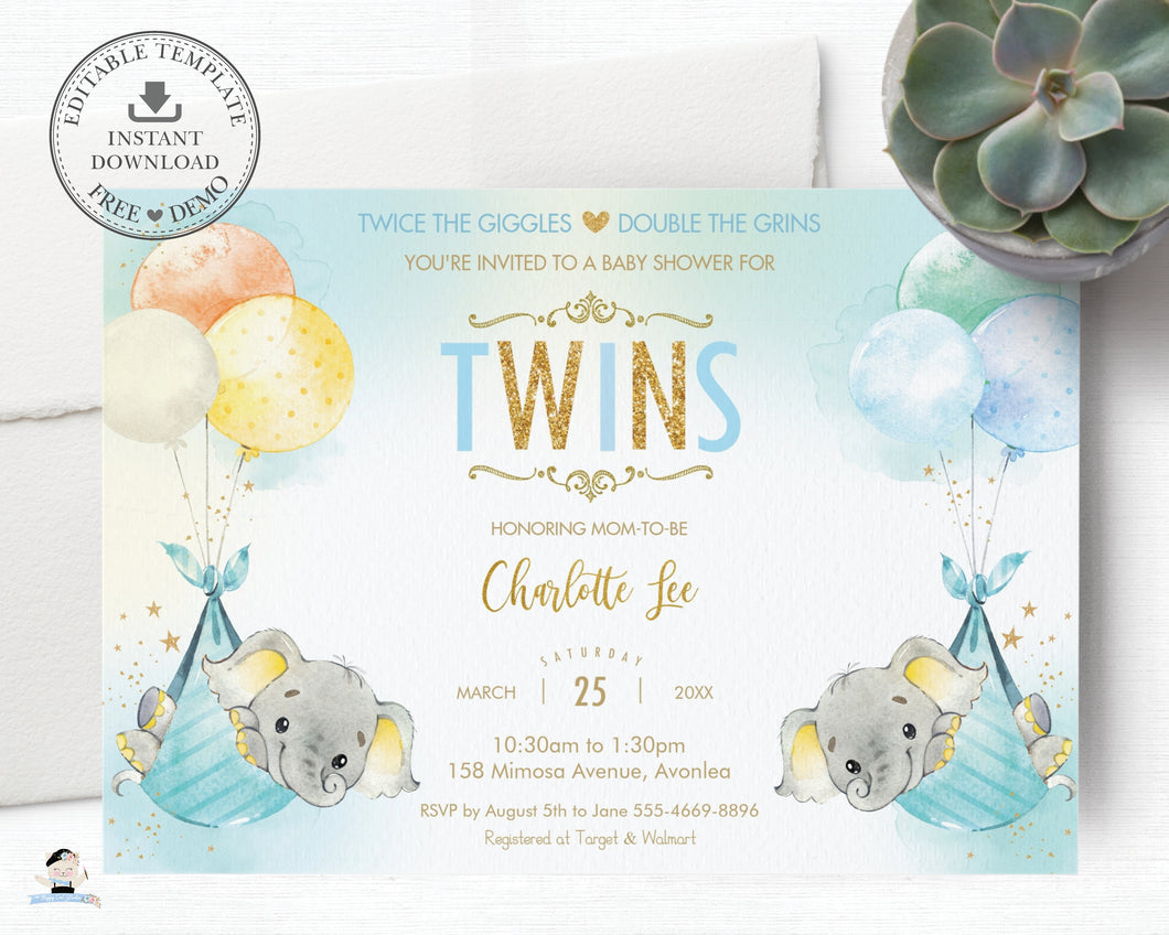 Whimsical Twin Boys Elephant Baby Shower Personalized Invitation Editable Template - Digital Printable File - EP3