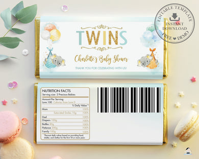Twins Gender Neutral Elephant Baby Shower Personalized Chocolate Bar Wrapper Editable Template - Digital Printable File - EP3