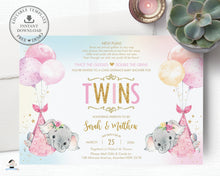 Load image into Gallery viewer, Elephant Baby Shower by Mail Invitation Twins Baby Girls Long Distance Virtual Shower - Editable Template - Instant Download - EP3