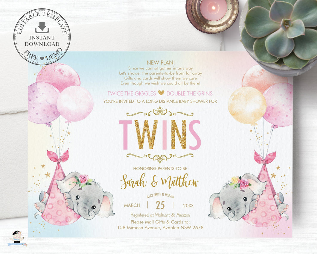 Elephant Baby Shower by Mail Invitation Twins Baby Girls Long Distance Virtual Shower - Editable Template - Instant Download - EP3