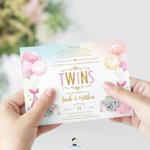 Elephant Baby Shower by Mail Invitation Twins Baby Girls Long Distance Virtual Shower - Editable Template - Instant Download - EP3