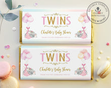 Load image into Gallery viewer, Twin Girls Elephant Baby Shower Personalized Chocolate Bar Wrapper Editable Template - Digital Printable File - EP3
