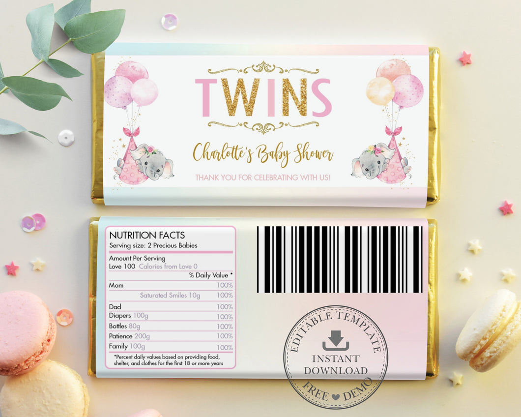 Twin Girls Elephant Baby Shower Personalized Chocolate Bar Wrapper Editable Template - Digital Printable File - EP3