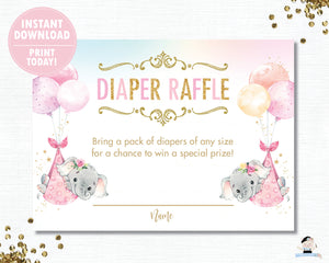 Whimsical Twin Girls Elephant Diaper Raffle Ticket Insert Card - Digital Printable File - Instant Download -EP3