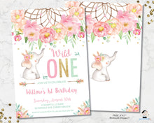 Load image into Gallery viewer, Elephant Wild One Boho Pink Floral Dream Catcher 1st Birthday Invitation Editable Template - Digital Printable File - Instant Download - BF2
