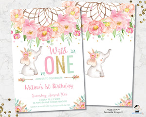 Elephant Wild One Boho Pink Floral Dream Catcher 1st Birthday Invitation Editable Template - Digital Printable File - Instant Download - BF2