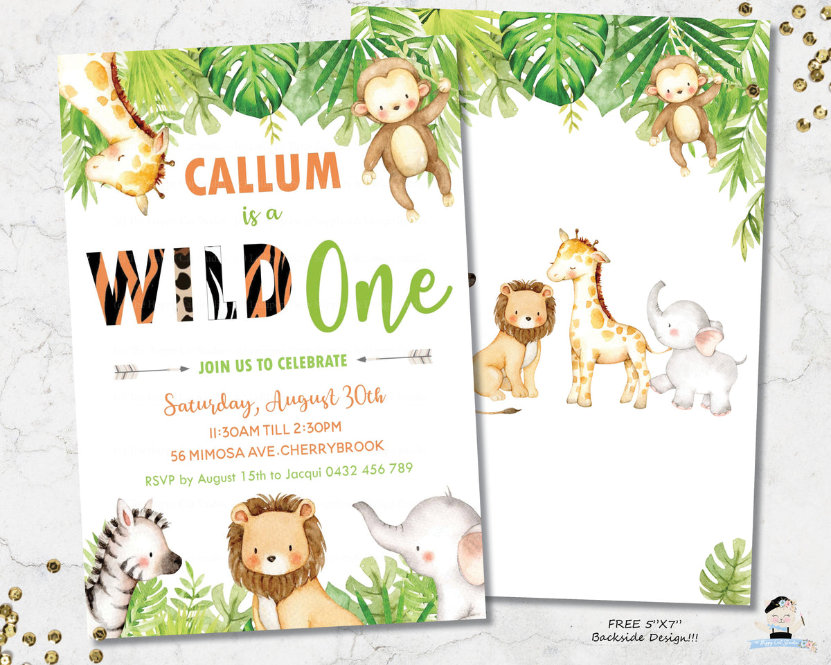 Greenery Cute Jungle Animals 1st Birthday Wild One Invitation - Editab ...