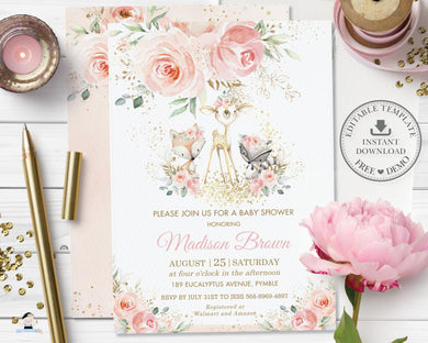 Chic Blush Pink Floral Woodland Animals Baby Shower Invitation Editable Template - Digital Printable File - Instant Download - WG16