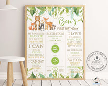 Load image into Gallery viewer, Whimsical Greenery Woodland Animals 1st Birthday Milestone Sign Birth Stats Editable Template - Digital Printable File - Instant Download - WG7