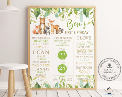 Whimsical Greenery Woodland Animals 1st Birthday Milestone Sign Birth Stats Editable Template - Digital Printable File - Instant Download - WG7