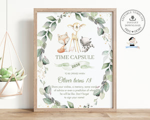 Chic Greenery Woodland Animals 1st Birthday Time Capsule Sign and Message Card - Editable Template - Digital Printable File - Instant Download - WG11