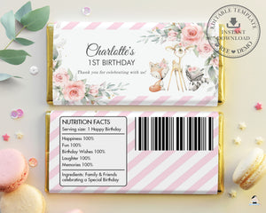 Woodland Animals Pink Floral Greenery Chocolate Bar Wrapper Aldi Hershey's - Editable Template - Digital Printable File - Instant Download - WG10