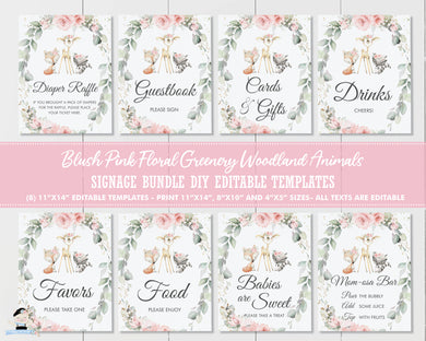 Woodland Pink Floral Greenery Signs Bundle Editable Templates - Digital Printable File - Instant Download - WG10