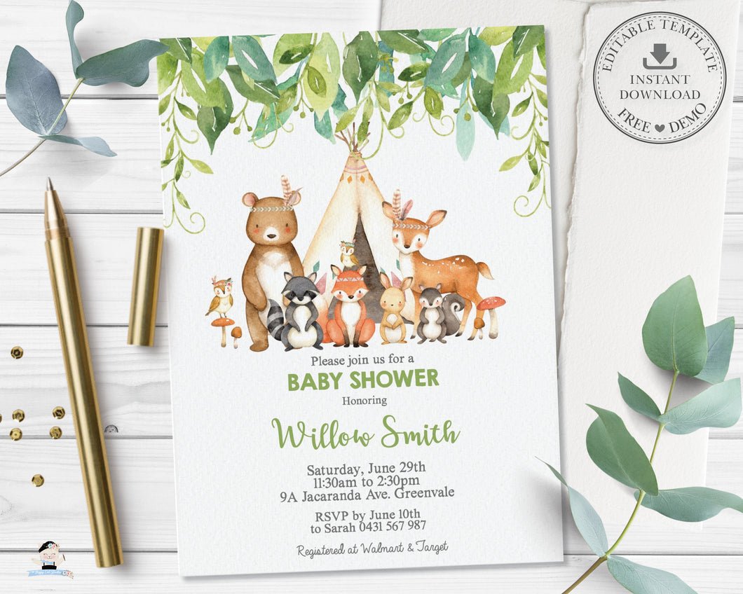Tribal Greenery Woodland Animals Invitation Baby Shower Birthday - Editable Template - Digital Printable File - Instant Download WG1